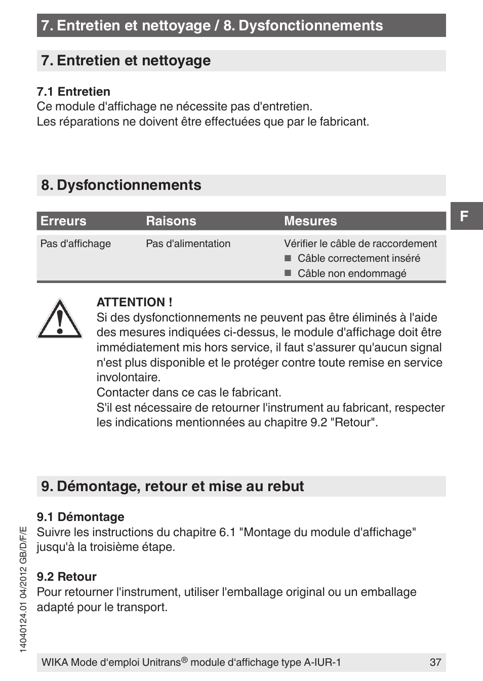 Dysfonctionnements, Démontage, retour et mise au rebut | WIKA UT-11 User Manual | Page 37 / 52