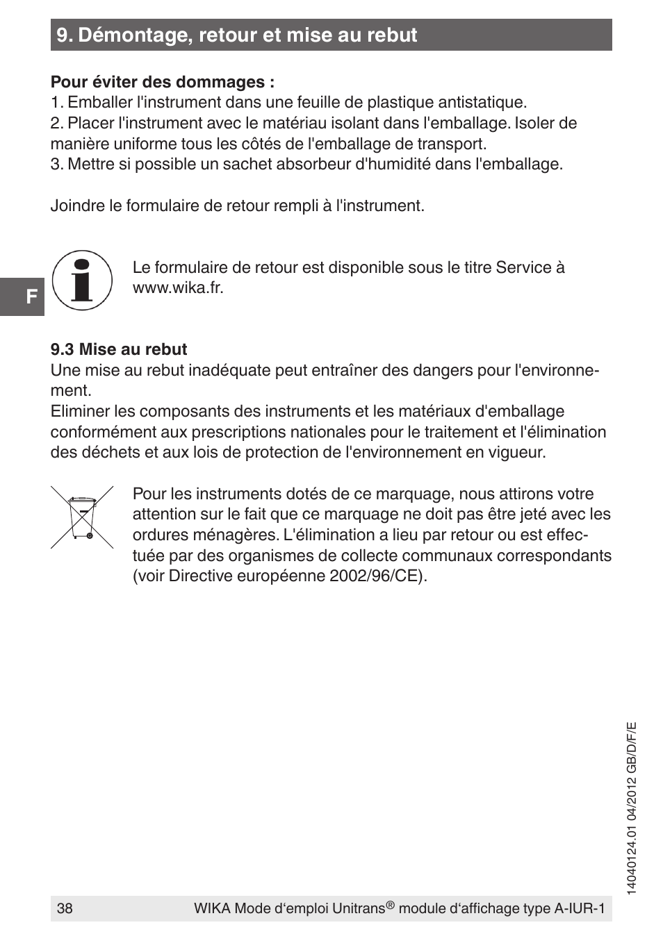 Démontage, retour et mise au rebut | WIKA UT-11 User Manual | Page 38 / 52