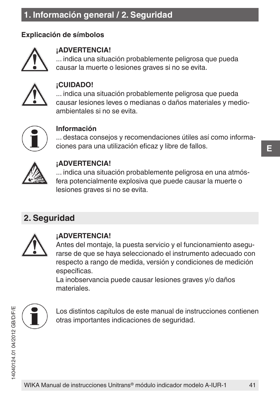 Información general / 2. seguridad, Seguridad | WIKA UT-11 User Manual | Page 41 / 52