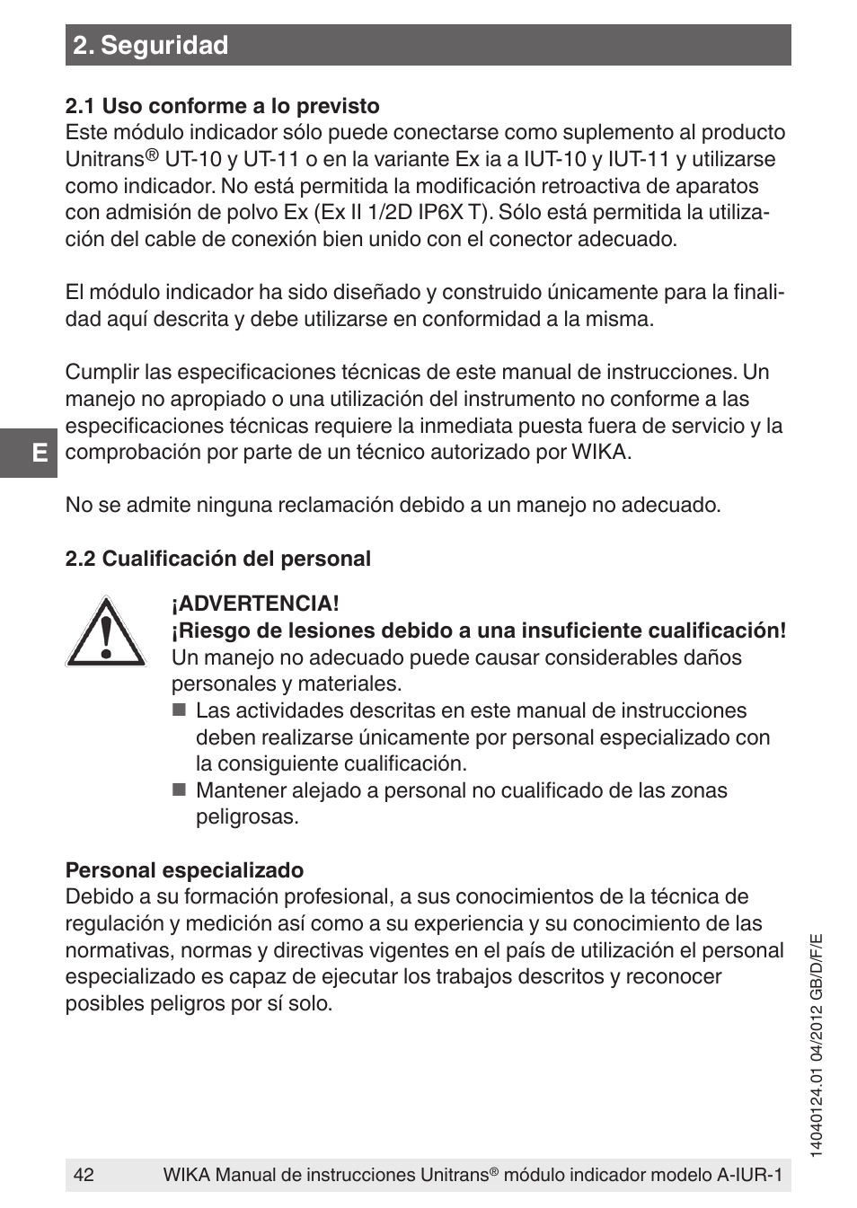 Seguridad | WIKA UT-11 User Manual | Page 42 / 52