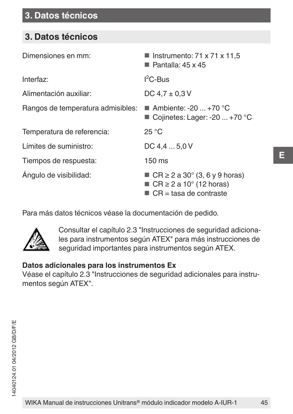 Datos técnicos | WIKA UT-11 User Manual | Page 45 / 52