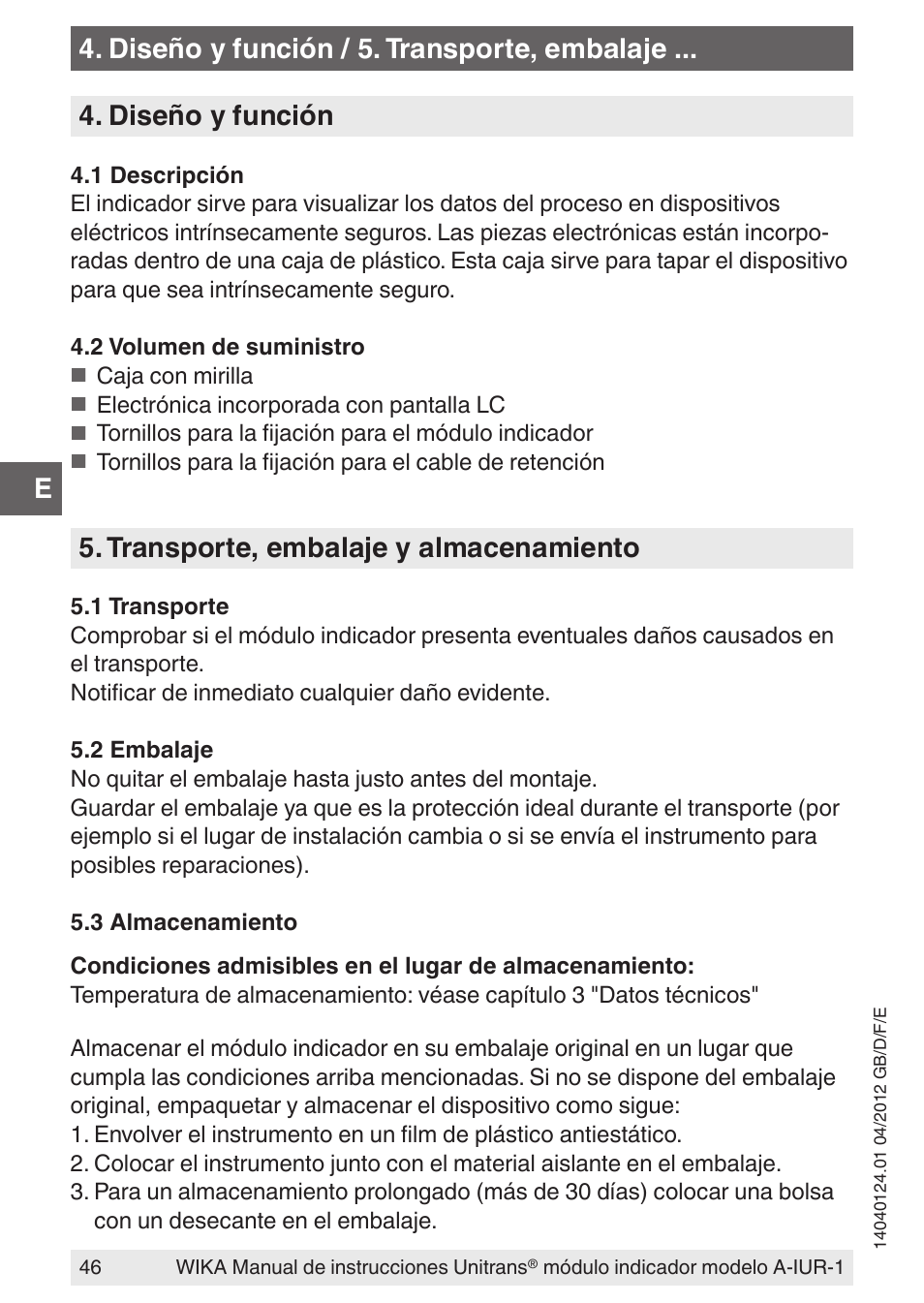 Diseño y función, Transporte, embalaje y almacenamiento, Diseño y función / 5. transporte, embalaje | WIKA UT-11 User Manual | Page 46 / 52