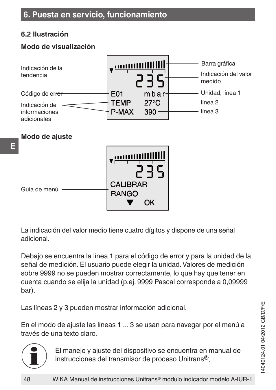 Puesta en servicio, funcionamiento | WIKA UT-11 User Manual | Page 48 / 52
