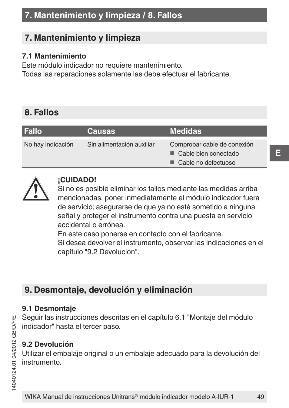 Fallos, Desmontaje, devolución y eliminación | WIKA UT-11 User Manual | Page 49 / 52