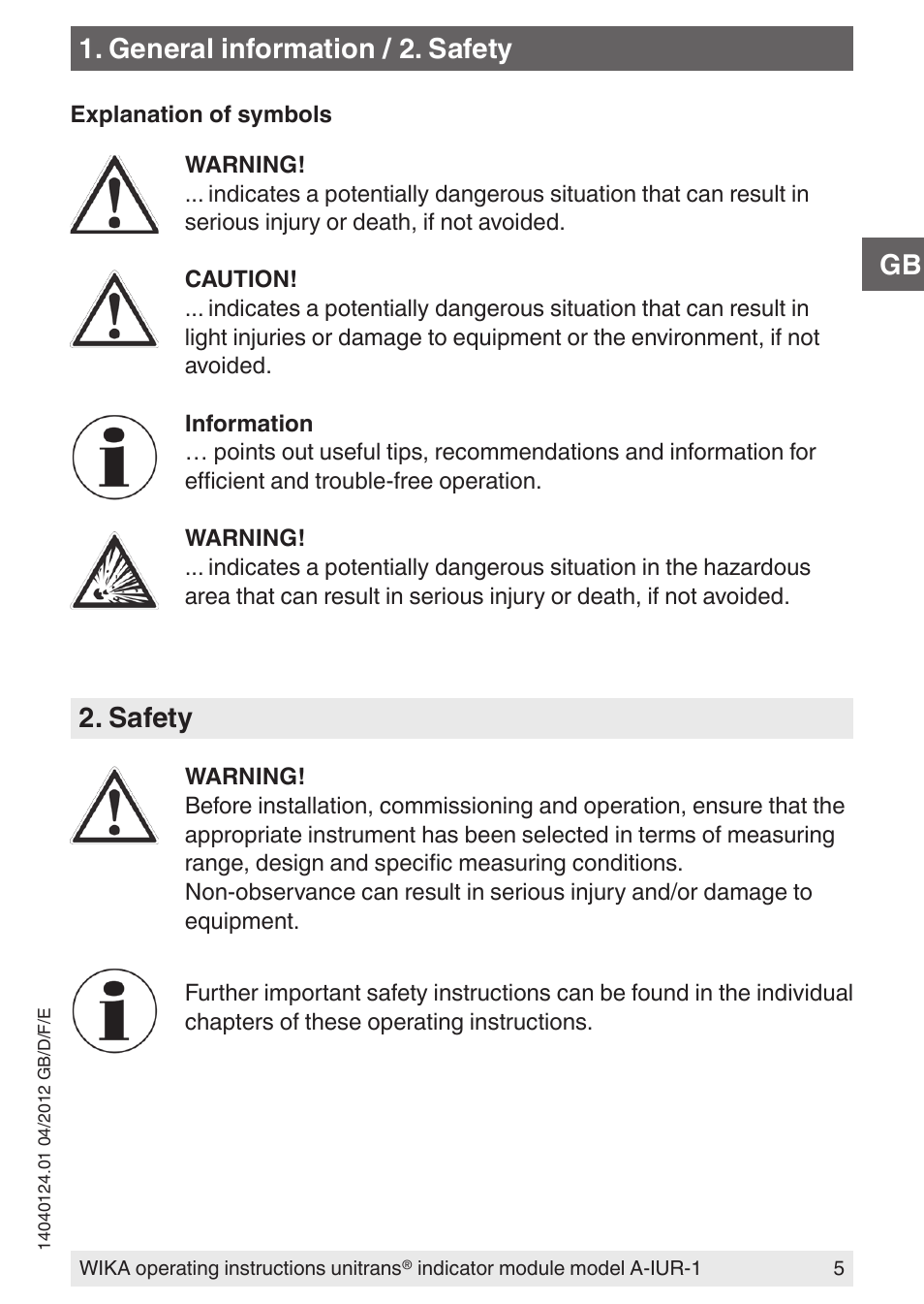 General information / 2. safety, Safety | WIKA UT-11 User Manual | Page 5 / 52