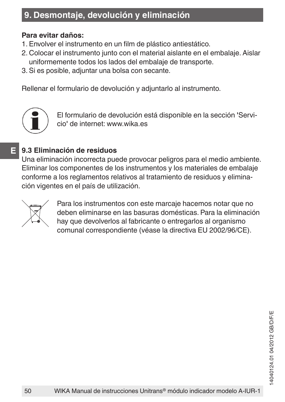 Desmontaje, devolución y eliminación | WIKA UT-11 User Manual | Page 50 / 52