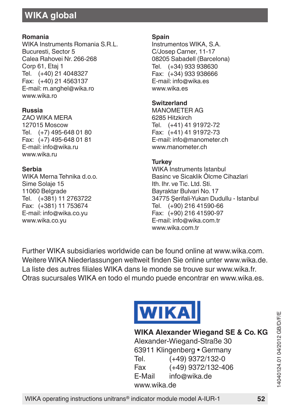 Wika global | WIKA UT-11 User Manual | Page 52 / 52
