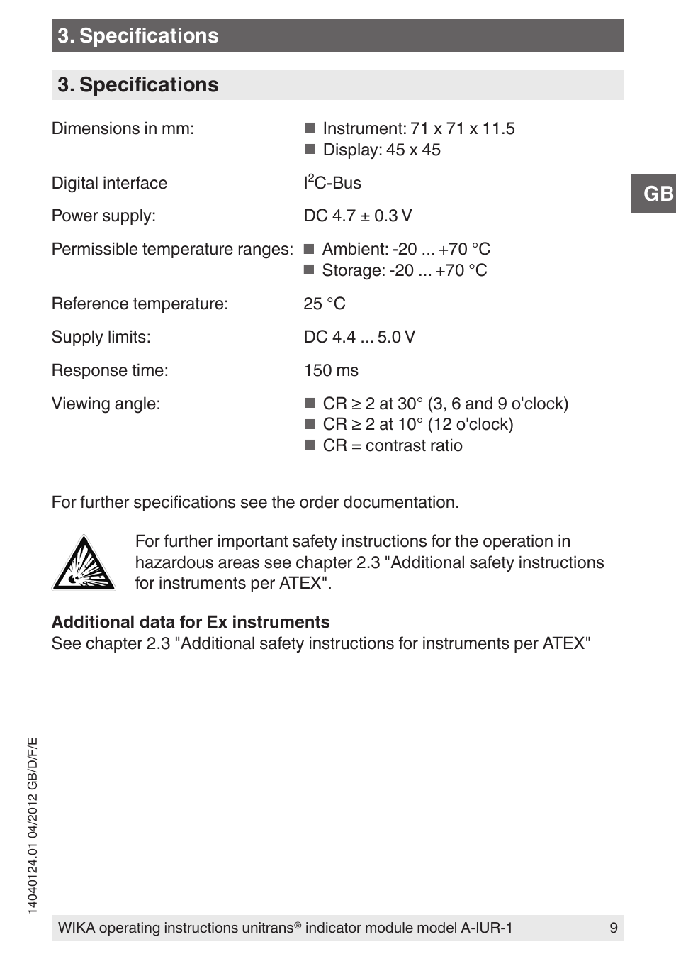 Specifications | WIKA UT-11 User Manual | Page 9 / 52