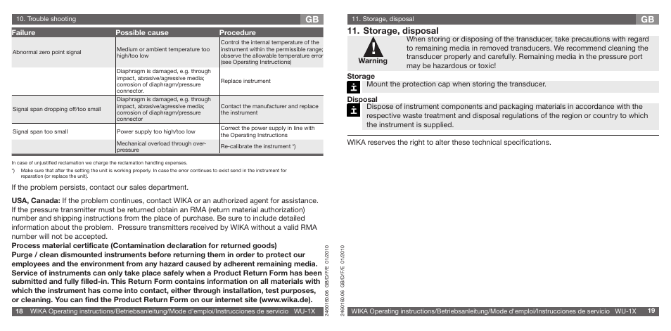 Gb 11. storage, disposal | WIKA WU-16 User Manual | Page 10 / 37