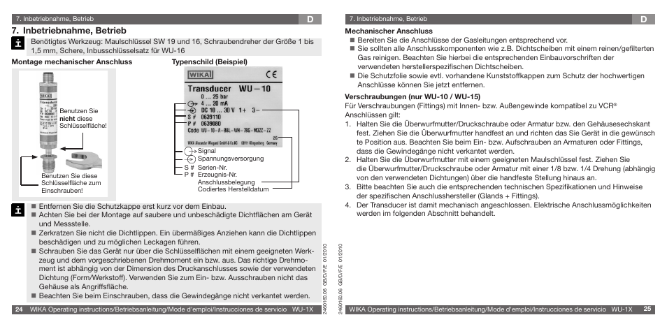 Inbetriebnahme, betrieb | WIKA WU-16 User Manual | Page 13 / 37