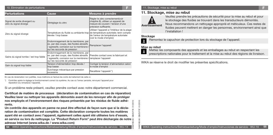 F11. stockage, mise au rebut | WIKA WU-16 User Manual | Page 28 / 37