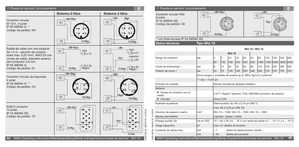 Datos técnicos tipo wu-1x, Sistema 2 hilos, Sistema 3 hilos | WIKA WU-16 User Manual | Page 33 / 37