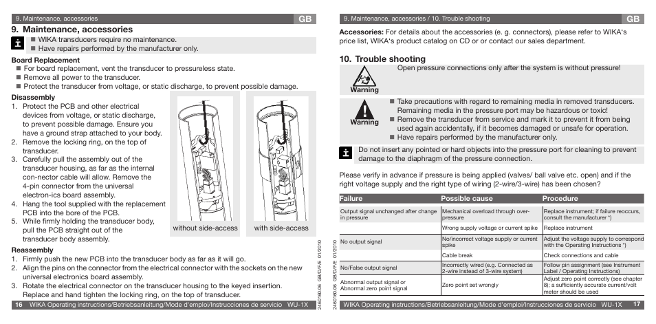 Maintenance, accessories, Trouble shooting | WIKA WU-16 User Manual | Page 9 / 37