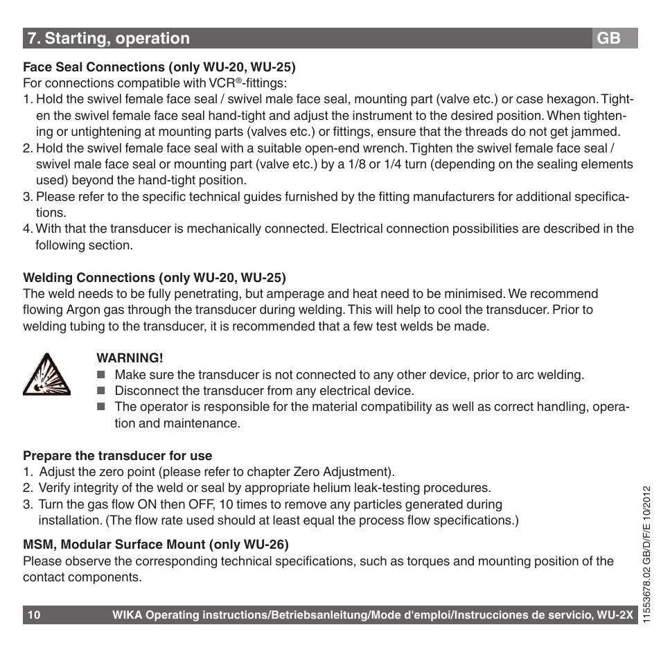 Starting, operation | WIKA WU-26 User Manual | Page 10 / 84