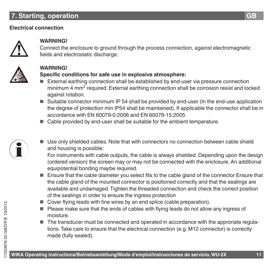 Starting, operation | WIKA WU-26 User Manual | Page 11 / 84