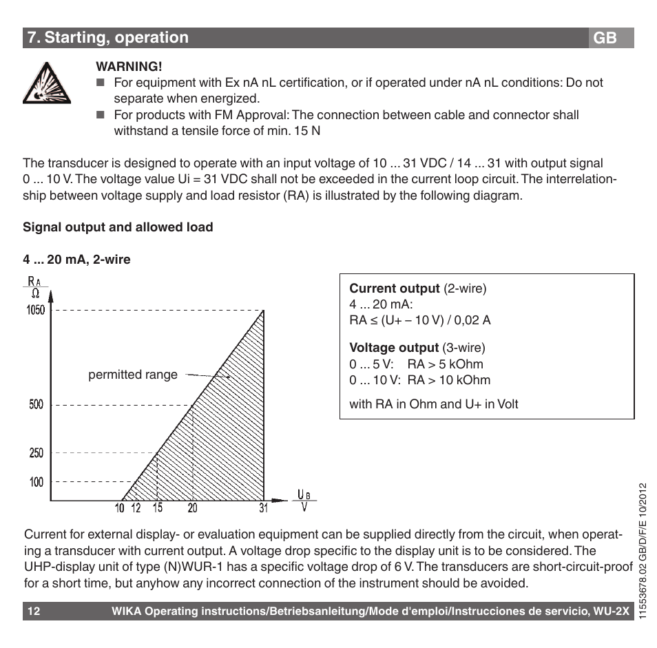 Starting, operation gb | WIKA WU-26 User Manual | Page 12 / 84