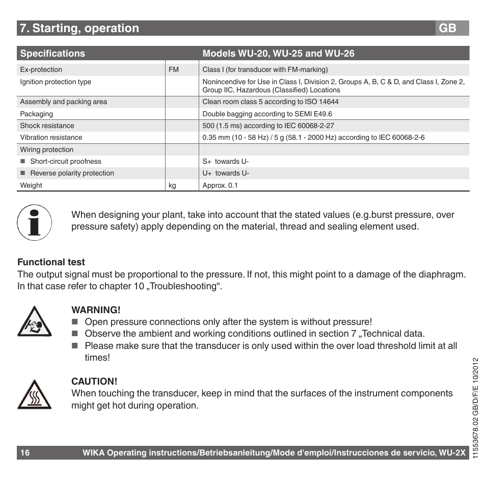 Starting, operation gb | WIKA WU-26 User Manual | Page 16 / 84