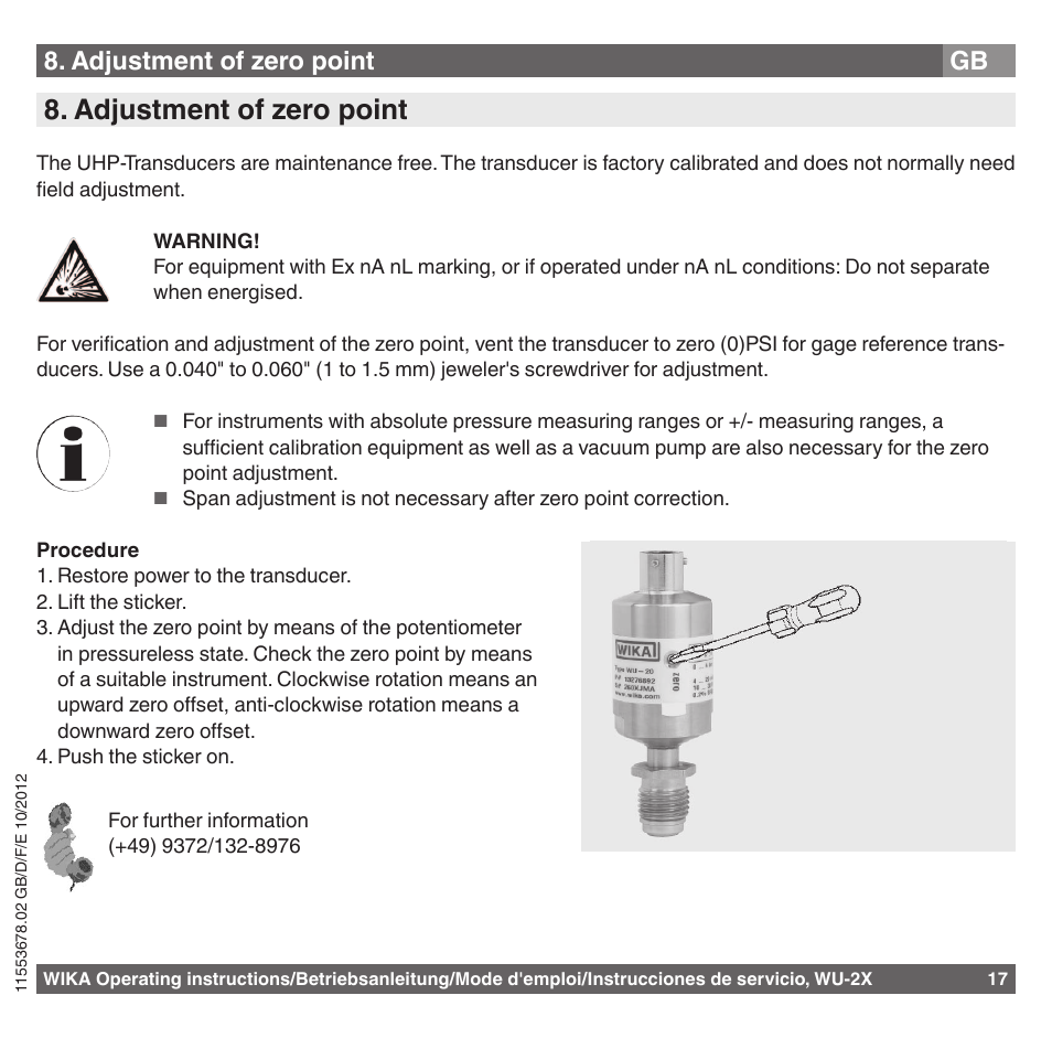 Adjustment of zero point | WIKA WU-26 User Manual | Page 17 / 84