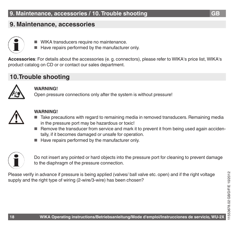 Maintenance, accessories, Trouble shooting, Maintenance, accessories / 10. trouble shooting | WIKA WU-26 User Manual | Page 18 / 84