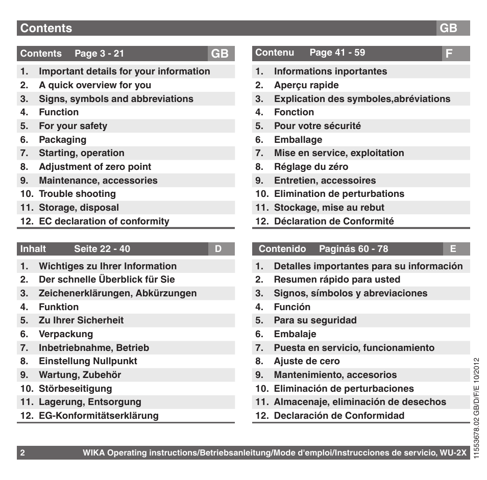 Gb contents | WIKA WU-26 User Manual | Page 2 / 84