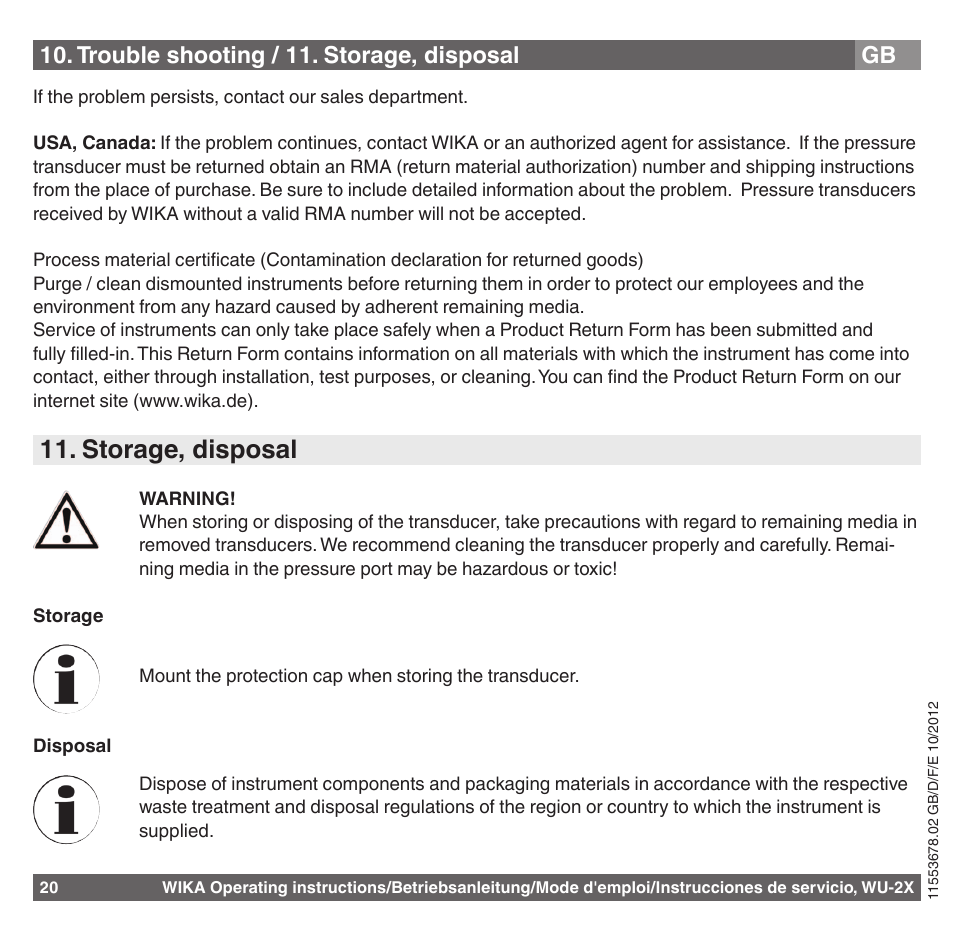 Storage, disposal, Trouble shooting / 11. storage, disposal | WIKA WU-26 User Manual | Page 20 / 84