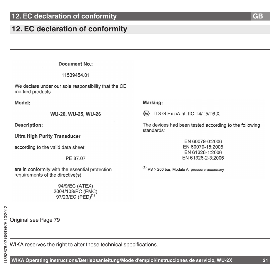 Ec declaration of conformity | WIKA WU-26 User Manual | Page 21 / 84