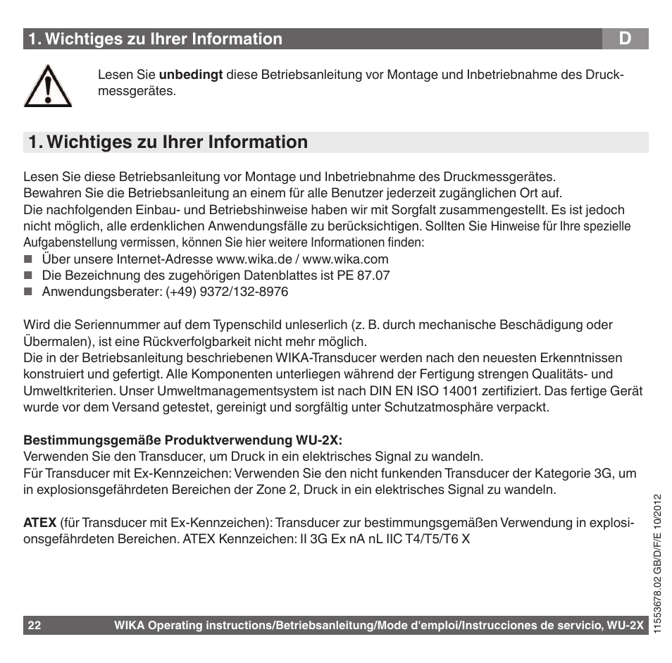 Wichtiges zu ihrer information | WIKA WU-26 User Manual | Page 22 / 84