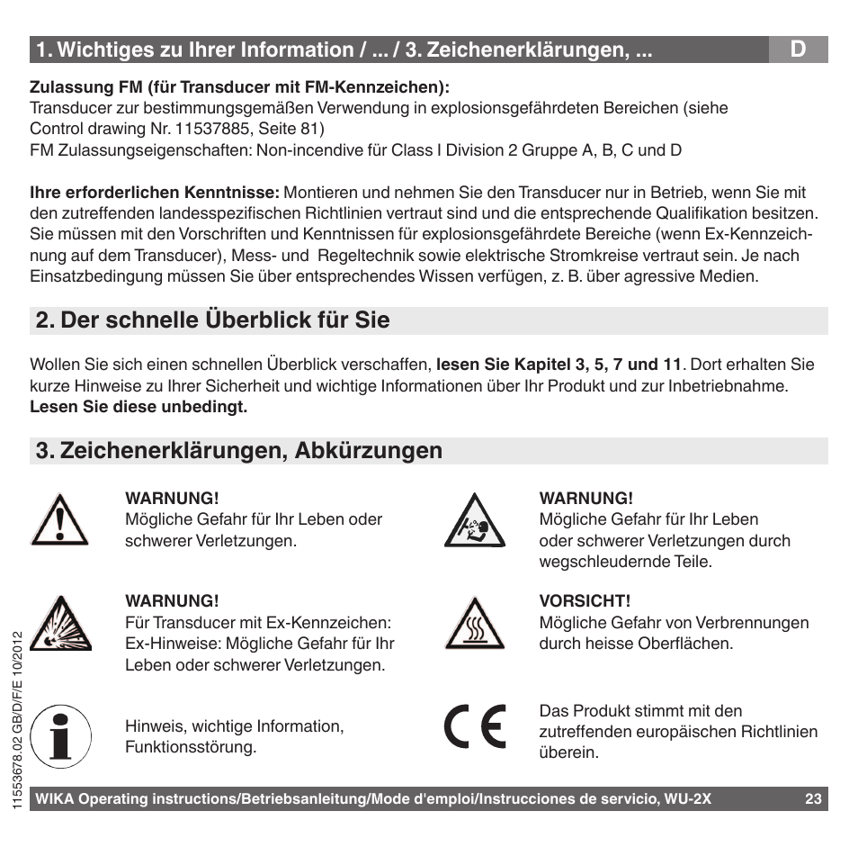 Der schnelle überblick für sie, Zeichenerklärungen, abkürzungen | WIKA WU-26 User Manual | Page 23 / 84