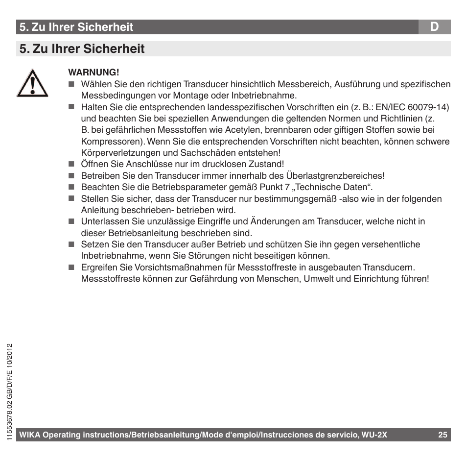 D5. zu ihrer sicherheit, Zu ihrer sicherheit | WIKA WU-26 User Manual | Page 25 / 84