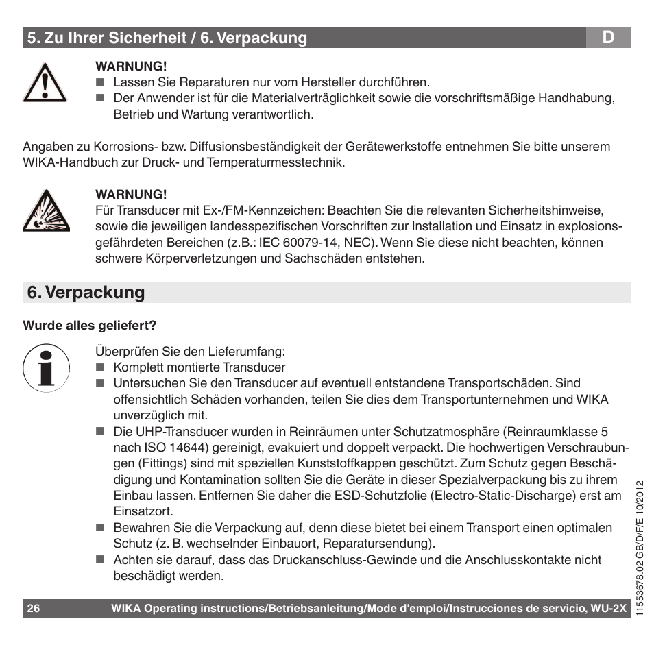 Verpackung, Zu ihrer sicherheit / 6. verpackung | WIKA WU-26 User Manual | Page 26 / 84
