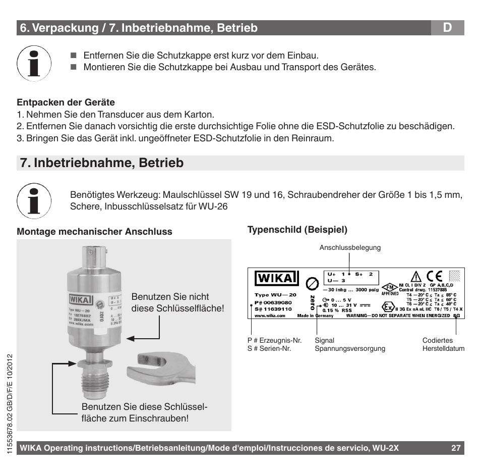 Inbetriebnahme, betrieb, Verpackung / 7. inbetriebnahme, betrieb | WIKA WU-26 User Manual | Page 27 / 84
