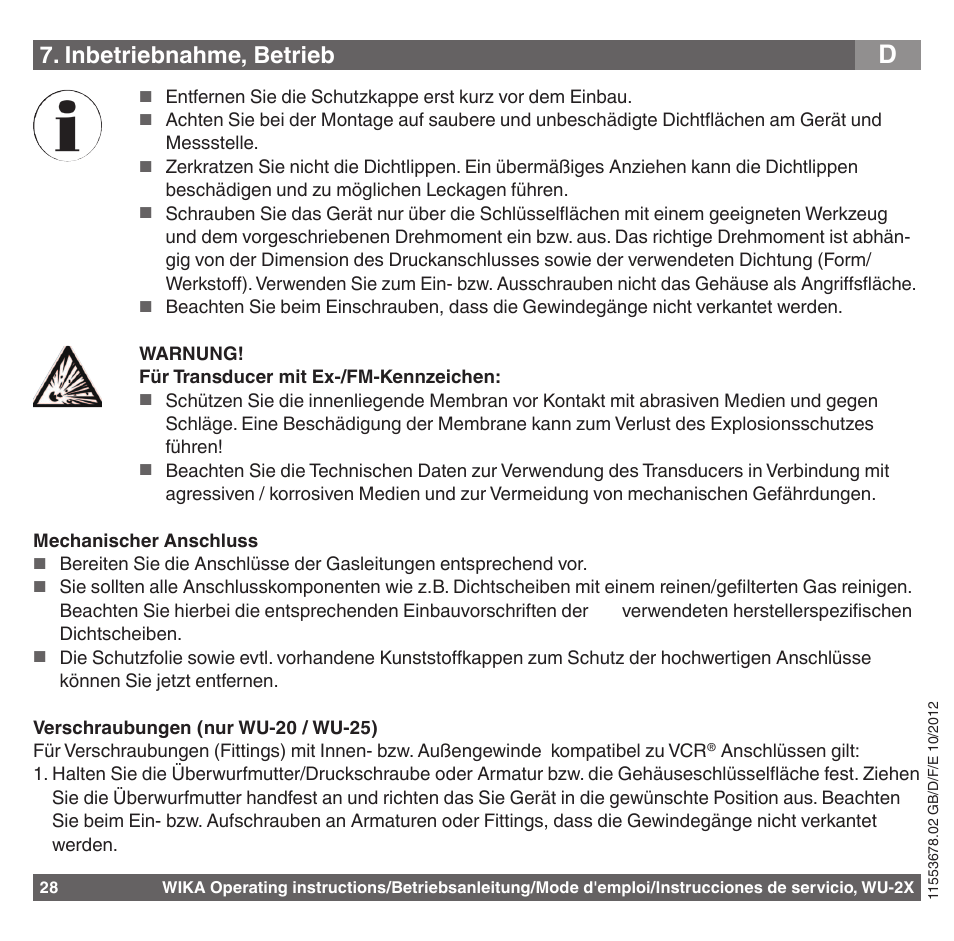 Inbetriebnahme, betrieb | WIKA WU-26 User Manual | Page 28 / 84