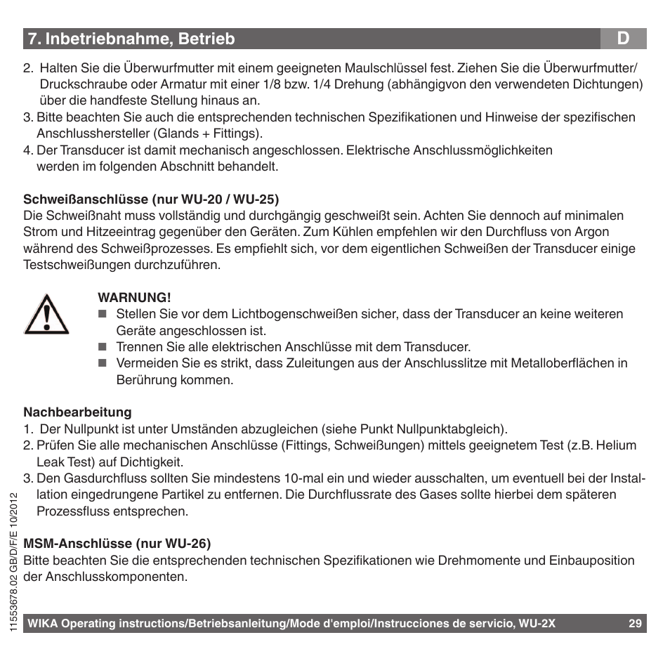Inbetriebnahme, betrieb | WIKA WU-26 User Manual | Page 29 / 84