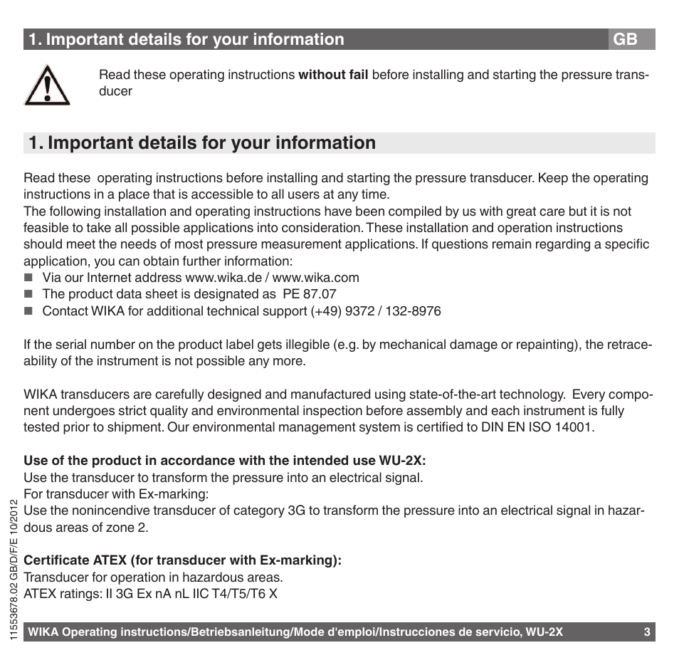 Important details for your information | WIKA WU-26 User Manual | Page 3 / 84