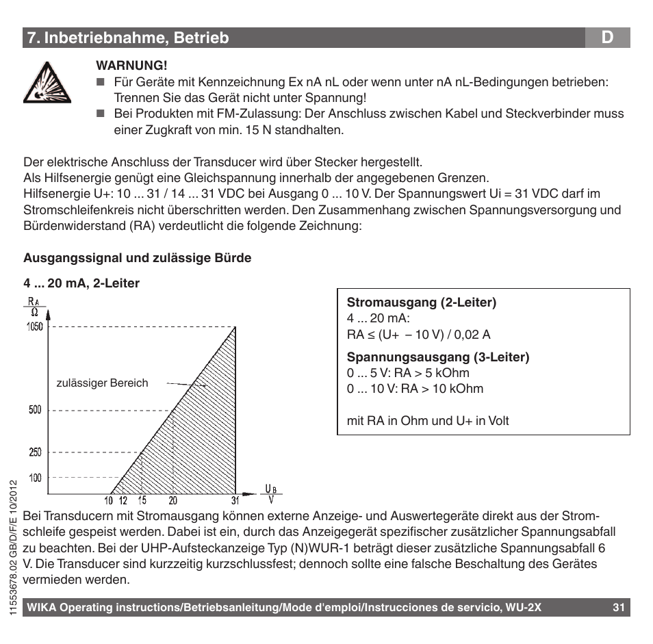 Inbetriebnahme, betrieb | WIKA WU-26 User Manual | Page 31 / 84