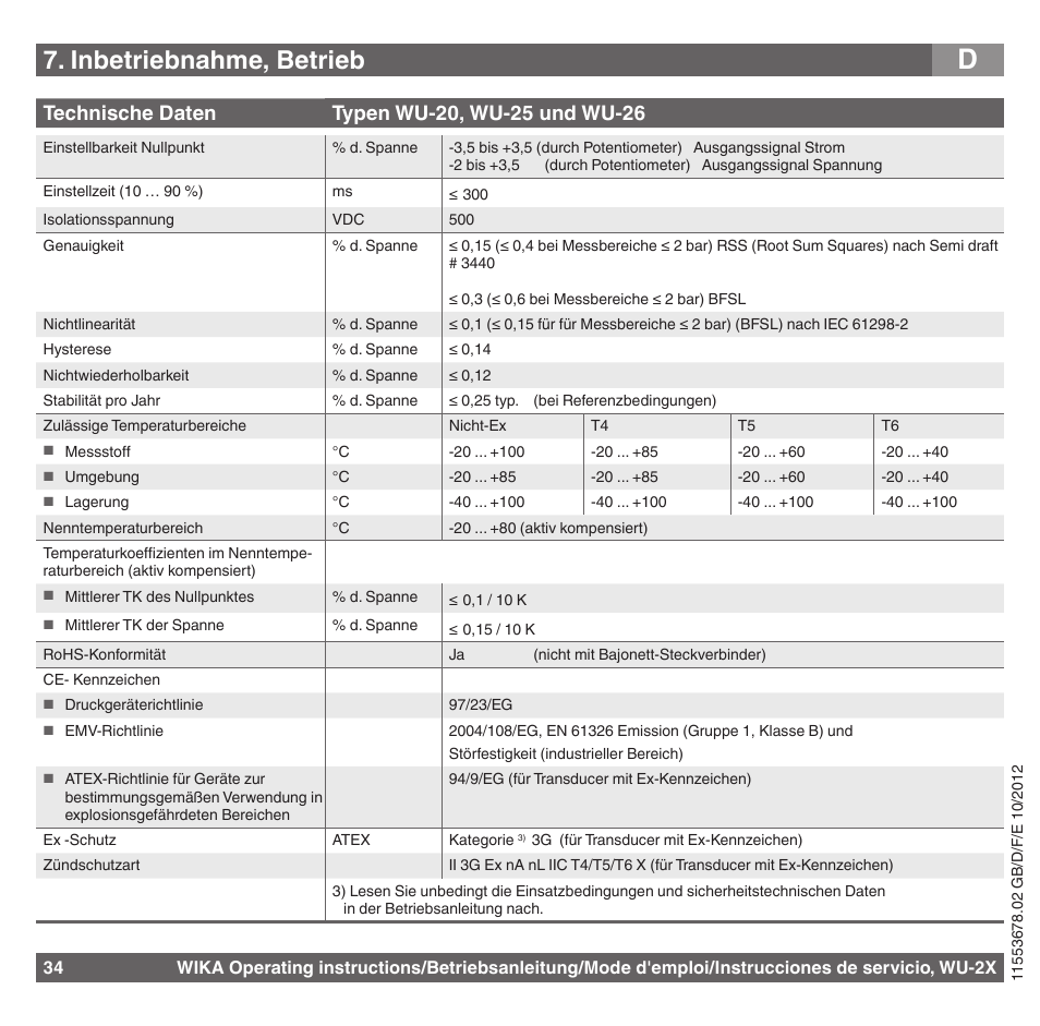 Inbetriebnahme, betrieb | WIKA WU-26 User Manual | Page 34 / 84