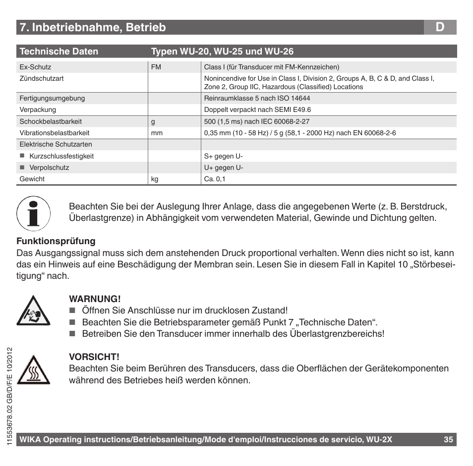 Inbetriebnahme, betrieb | WIKA WU-26 User Manual | Page 35 / 84