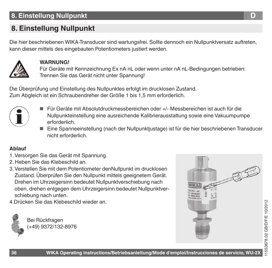 D8. einstellung nullpunkt, Einstellung nullpunkt | WIKA WU-26 User Manual | Page 36 / 84