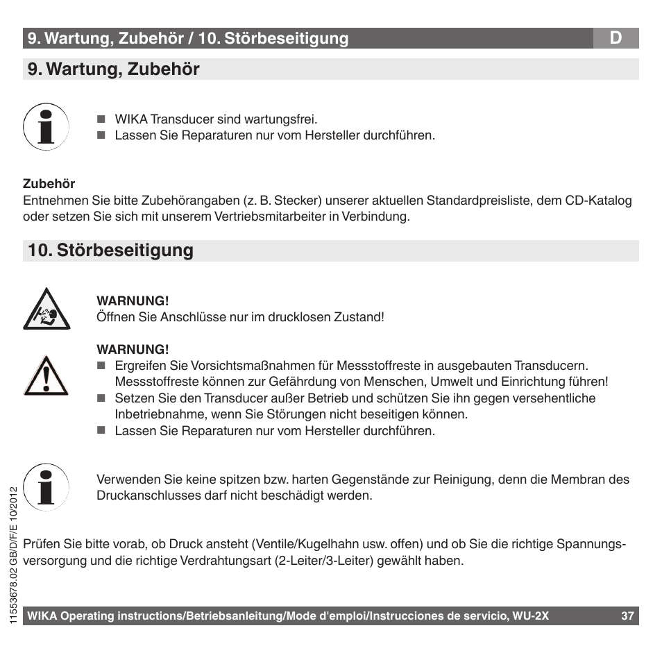 D9. wartung, zubehör, Störbeseitigung, Wartung, zubehör / 10. störbeseitigung | WIKA WU-26 User Manual | Page 37 / 84