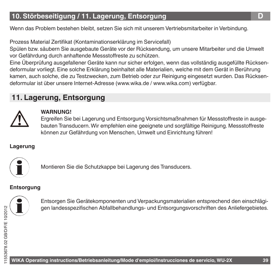 Lagerung, entsorgung, Störbeseitigung / 11. lagerung, entsorgung | WIKA WU-26 User Manual | Page 39 / 84