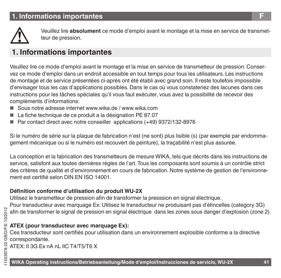 Informations importantes | WIKA WU-26 User Manual | Page 41 / 84