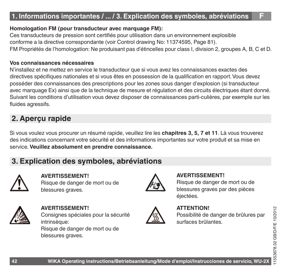 Aperçu rapide, Explication des symboles, abréviations | WIKA WU-26 User Manual | Page 42 / 84