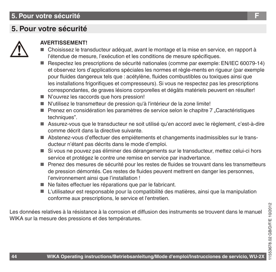 F5. pour votre sécurité, Pour votre sécurité | WIKA WU-26 User Manual | Page 44 / 84