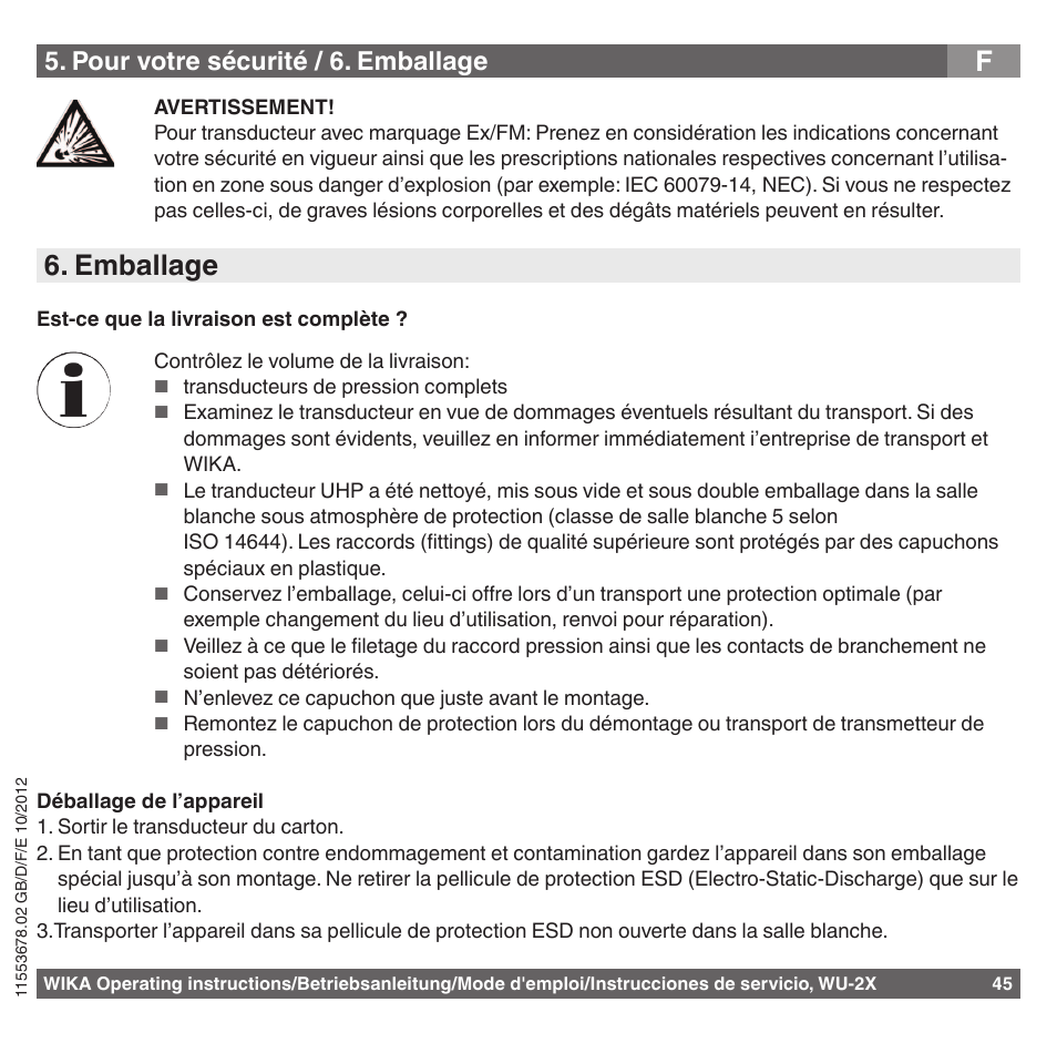 Emballage, Pour votre sécurité / 6. emballage | WIKA WU-26 User Manual | Page 45 / 84