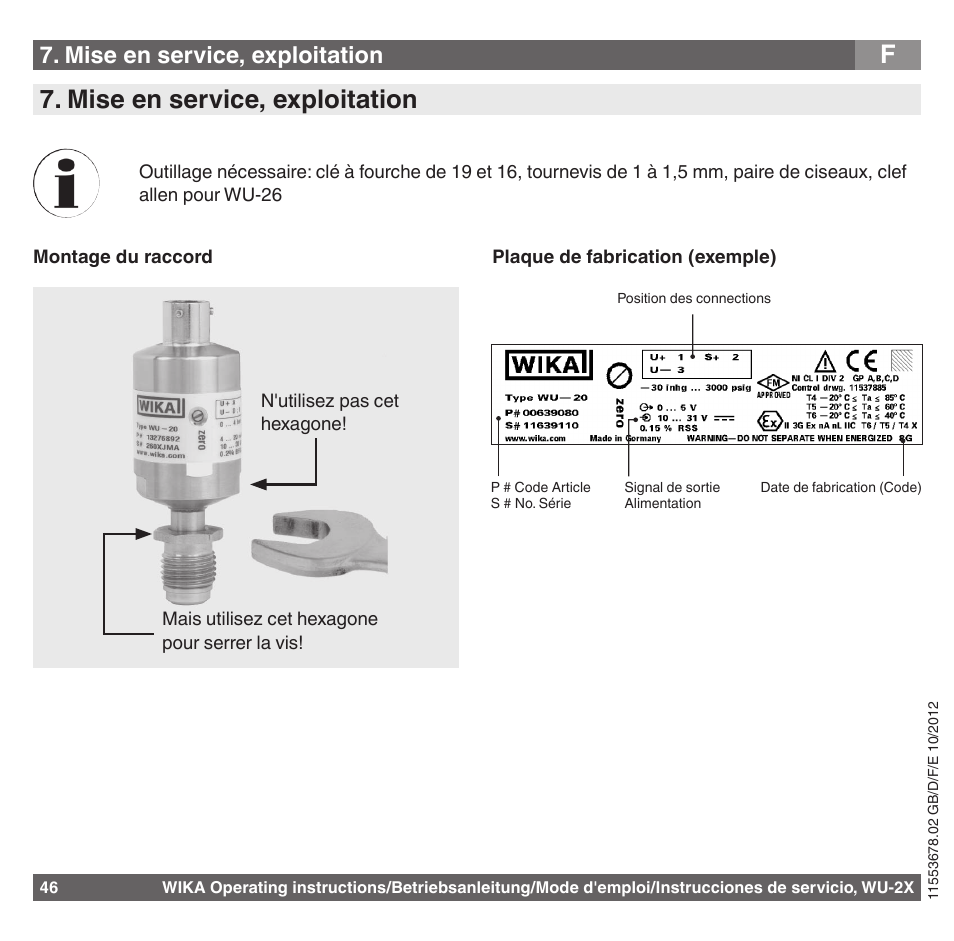 F7. mise en service, exploitation, Mise en service, exploitation | WIKA WU-26 User Manual | Page 46 / 84