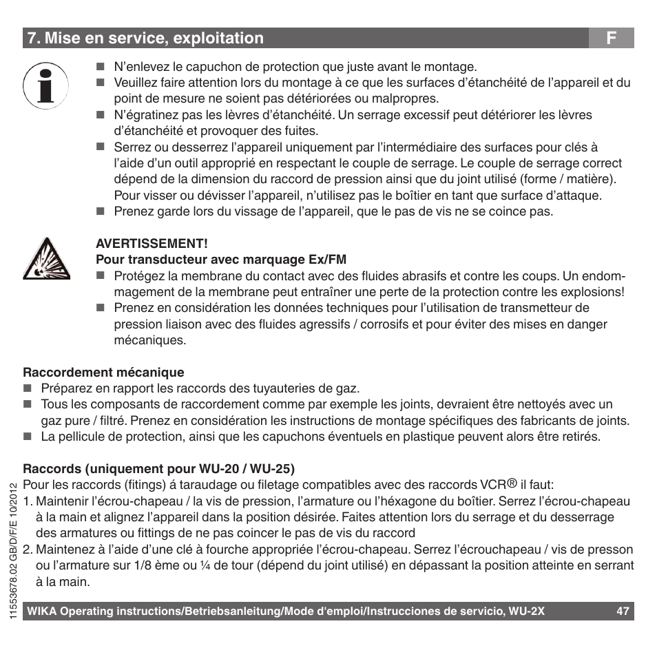 Mise en service, exploitation | WIKA WU-26 User Manual | Page 47 / 84