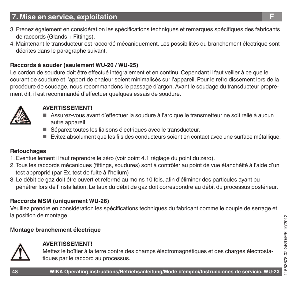 Mise en service, exploitation | WIKA WU-26 User Manual | Page 48 / 84