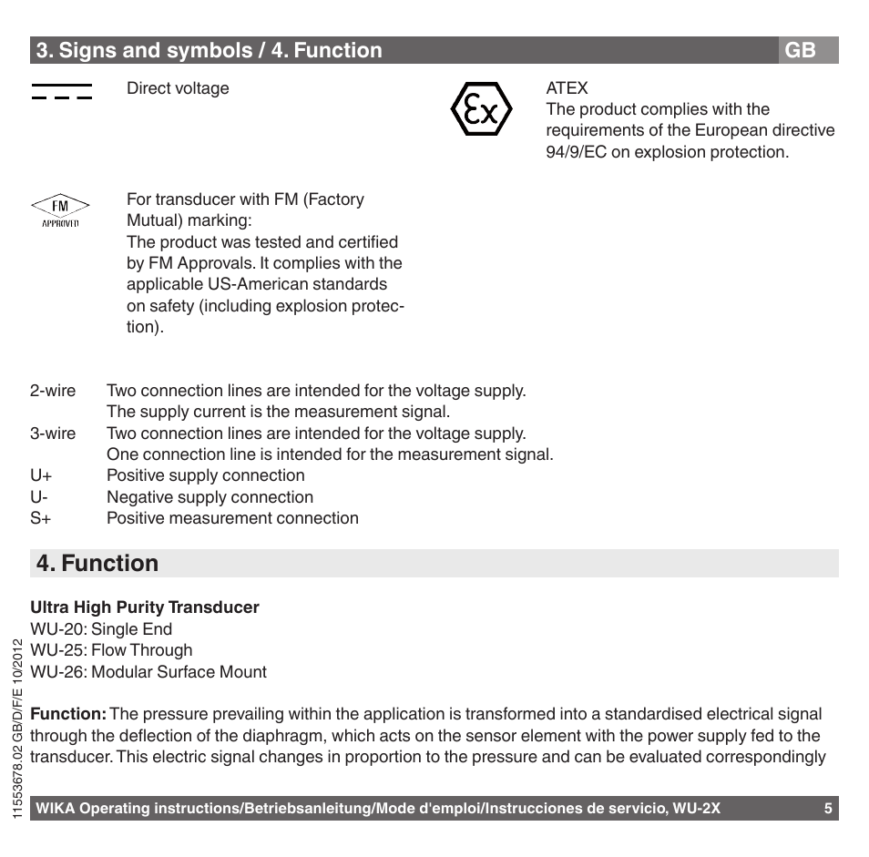 Function, Signs and symbols / 4. function | WIKA WU-26 User Manual | Page 5 / 84