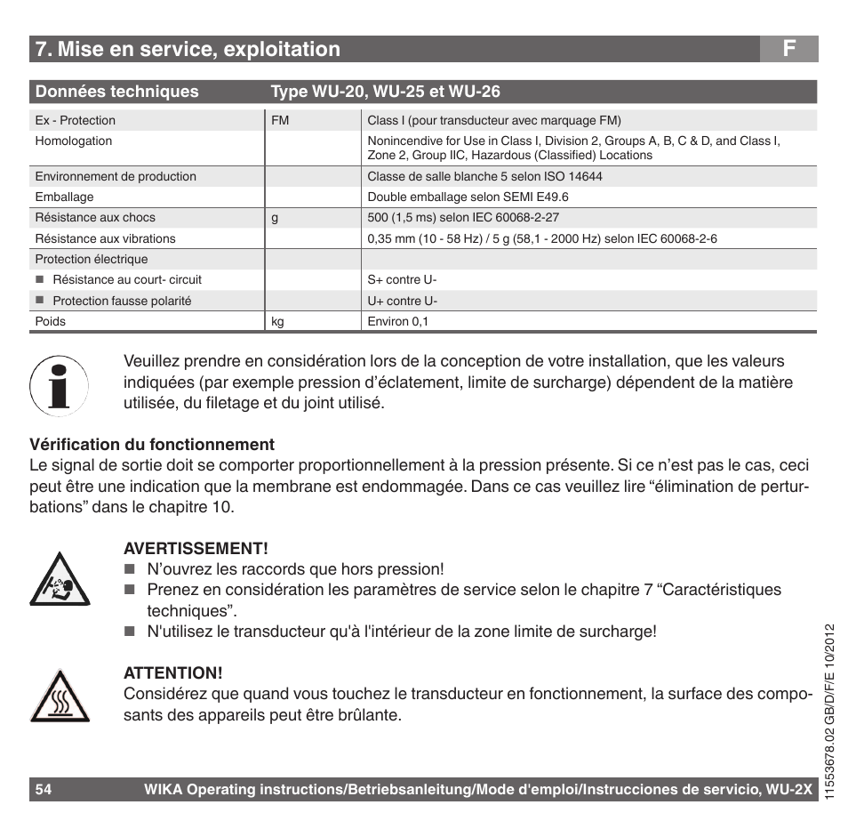 Mise en service, exploitation | WIKA WU-26 User Manual | Page 54 / 84