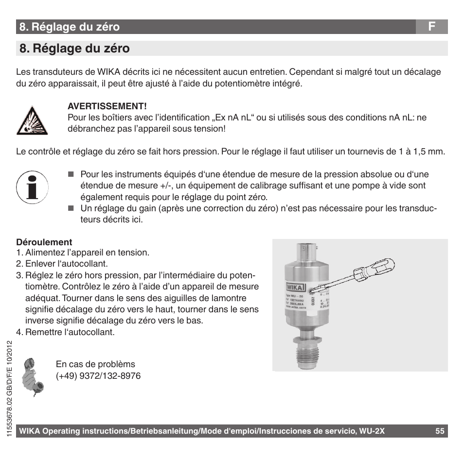 Réglage du zéro | WIKA WU-26 User Manual | Page 55 / 84